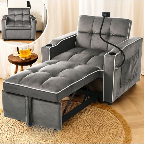 Sillón auxiliar 83x167x76 cm terciopelo gris oscuro, 3-en-1 con portavasos y bolsillo (1/5)