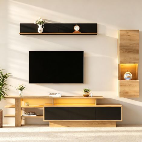 Ensemble meuble TV mural, avec éclairage LED connecté pour TV jusqu'à 80 pouces, comprenant 1 banc TV 1 vitrine et 1 étagère, Naturel et Noir (1/5)