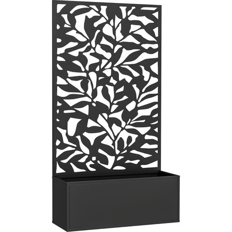 Jardinière surélevée en métal noir avec brise-vue et treillis intégré, design moderne et fonctionnel pour le jardin ou le balcon.
