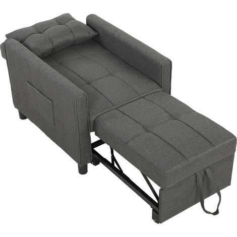 Poltrona Letto Singolo 69x82x85 cm con Schienale Reclinabile in Tessuto Effetto Lino e Legno Grigio (1/5)
