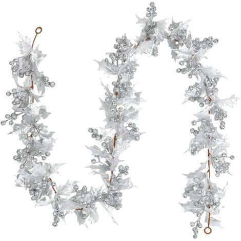 BUNTHAUS Argent Baies Guirlande de Noël, 6ft Guirlande de Baies Artificielles Flexibles avec Baies à Paillettes Argentées et Feuilles de Houx pour Noël Hiver Nouvel an Cheminée Porte Arbre Décoration (1/5)