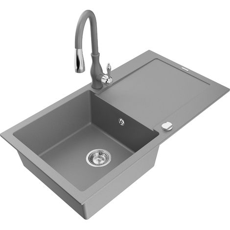 Mexen Leo évier en granit 1 bac avec égouttoir et robinet de cuisine Savita, gris - 6501-71-672601-71 (1/5)