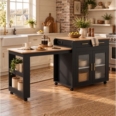 Îlot de cuisine extensible noir avec rangements, prise électrique et ports USB-A/C, plateau 116 à 177 cm, roulettes et espace repas, en panneau de particules – CHICFURN (1/5)