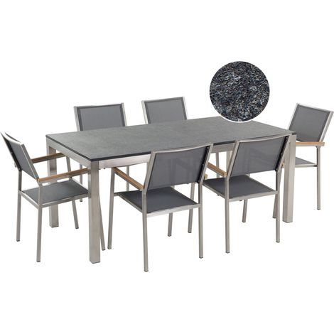 Conjunto de comedor de jardín gris con mesa 180 x 90 cm de granito flameado 6 sillas de ratán Grosseto