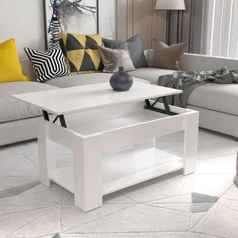 Hobag – Table basse relevable blanche – Plateau ajustable – Dimensions 50 x 100 x 42 cm – Finition en mélaminé – Facile à monter