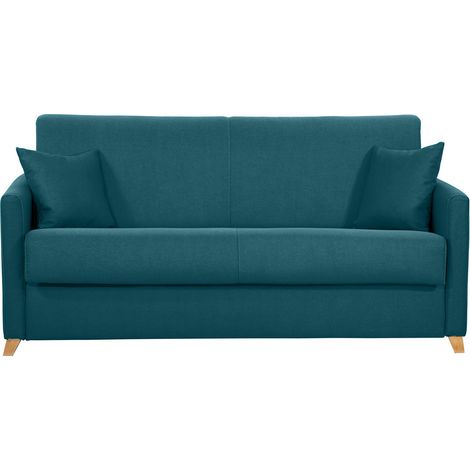Divano letto 3 posti in tessuto blu anatra e legno chiaro con materasso 18 cm SKANDY