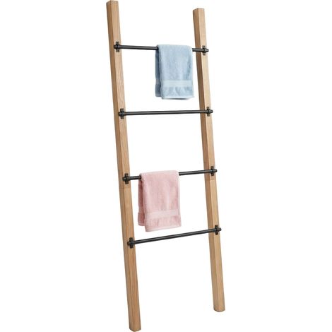 Scala portasciugamani Relaxdays, 4 pioli, A x L: 160 x 55,5 cm, pino e metallo, bagno, naturale/nero (1/5)