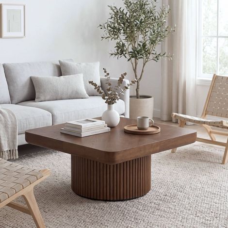 Tavolino da salotto - 78 x 78 x 38 cm - piano quadrato arrotondato con base cilindrica scanalata mobile da giorno - stile moderno - legno massiccio, MDF - noce (1/5)
