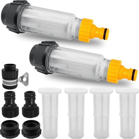 2-teiliges 3/4-Zoll-Gartenschlauch-Wasserfilter-Vorfilter-Set mit 4 Filtereinsätzen und 5 Schnelladaptern für Hochdruckreiniger, Gartenpumpe usw.