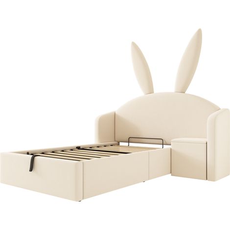 Letto bambino imbottito 90x190 cm beige con testiera coniglio, contenitore idraulico e comodino (1/5)