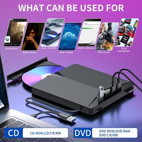 Lecteur et graveur CD/DVD externe - USB 3.0 - 7 en 1 - Noir (1/2)