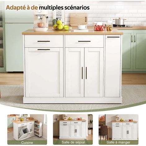 Kücheninsel, Servierwagen mit klappbarer Ablage, Müllfach, Gewürzregal, 120×45 (70)×93 cm, Weiß