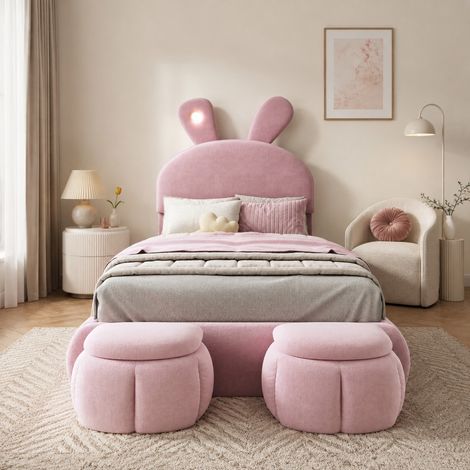 DESMIU Lit simple 1 place avec LED reglable et 2 poufs de rangement, 90 × 200 cm, sans matelas, rose (1/5)