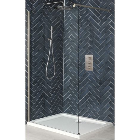Milano Hunston Brushed Nickel Walk In Wet Room Shower Enclosure with Screen Support Arm and White Tray - 700mm x 700mm (1/4)