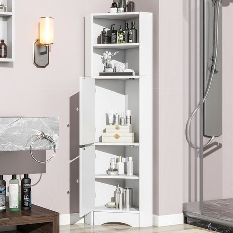 Meuble de salle de bain d'angle 36.5x36.5x155 cm blanc en panneaux de particules avec étagère réglable (1/5)