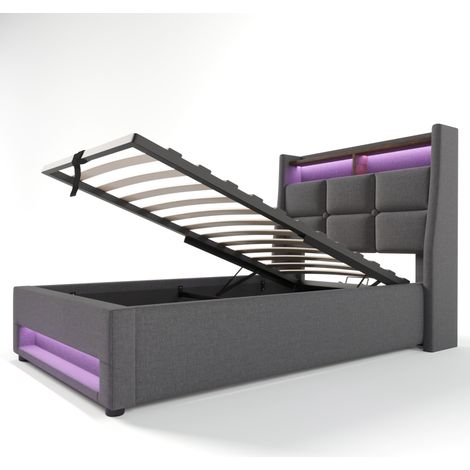 Cama tapizada con USB y LED 90x200 cm gris de lino (1/5)