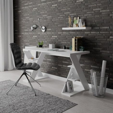 Scrivania Papillon bianca con gambe a X e ripiani integrati 137x60x75