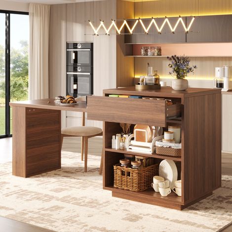 Îlot de Cuisine avec Table Extensible 122–194,5 cm, 2 Portes Vitrées, 1 Tiroir, Étagères, LED par Appli et Port USB - Marron Foncé (1/5)