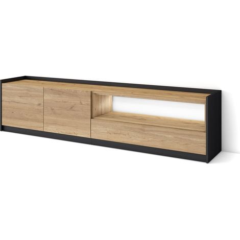 Skraut Home - Mueble TV, Televisión, Muebles de salón, almacenaje, 207x37x50cm, Para TV hasta 80", LED, Estilo Moderno, Roble y negro (1/5)