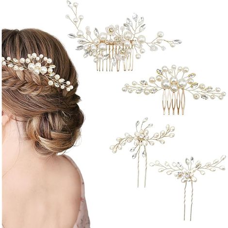 4 Pièces Pince Cheveux Mariage, Peignes et Épingles avec Perles et Strass, Accessoire Cheveux Mariage Femme, Élégant et Durable, pour Mariée, Cérémonie et Fête (1/5)