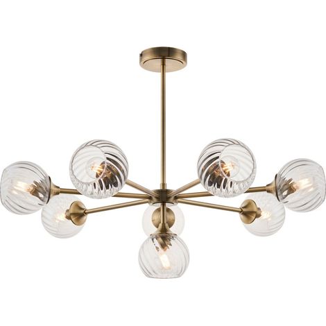 Endon Allegra Luminaire suspendu de plafond à 8 bras multiples avec abat-jour en verre et laiton antique