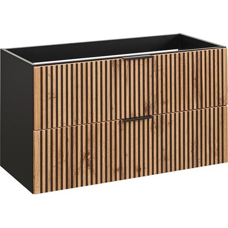 Mobile sotto lavabo sospeso a righe Naturale chiaro e Nero 80 cm - MADELA (1/4)
