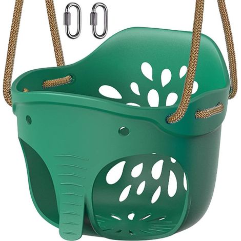 Balancoire Extérieur, Siège Balançoire Arbre Interieur Plastique Souple Bebe Balancoire avec Réglable Corde de 130-200cm Mousqueton pour 1-3 Ans Enfant, Forme Éléphant, Vert/272kg (1/5)