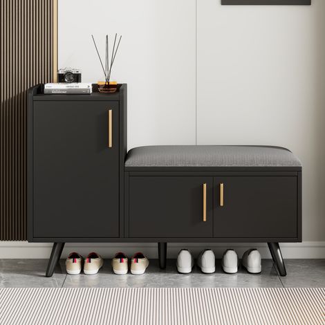 Panca portascarpe con seduta imbottita - 100 x 34 x 68.5 cm - scarpiera da ingresso con 3 ante e ripiani regolabili stile moderno in legno - nero (1/5)