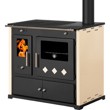 Prometey – Cuisinière à bois 9,5 kW – Plaque en fonte – Efficacité A+ – Surface de chauffe 40-100 m² – Design élégant couleur ivoire