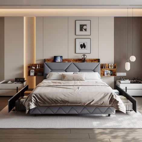Lit 140x200 cm, avec 4 tiroirs en fer, lit double avec sommier à lattes, tête de lit rangement avec décoration diamant, chargeur USB, velours, Moderne, Gris (1/5)