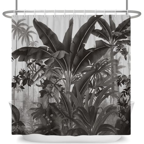 183x183cm Rideau de Douche Feuille de Bananier Noir Blanc, Plantes Tropicales Art Moderne Salle de Bain, Décoratif Baignoire Lavable avec Crochet (1/5)