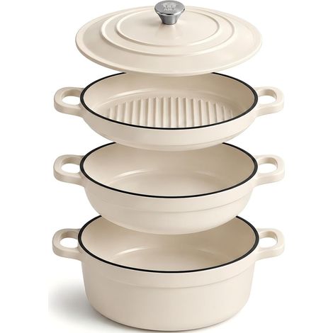 Enameled Cast Iron Casserole Dishes 4 Pieces, 25 cm, Lid, 500 °F,White (1/5)