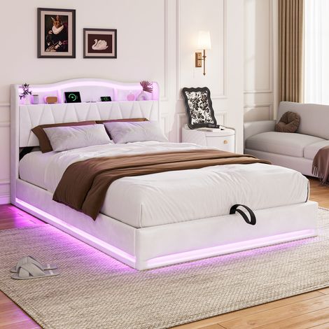 Lit Coffre 140x200, LED Lit Rembourré USB/Type-C, Lit 2 Personnes, Tête Lit Rangement, Applicable Petit Meuble Rangement Appartement Créant Ambiance Douillette Moment Coucher (Blanc Cassé) (1/5)
