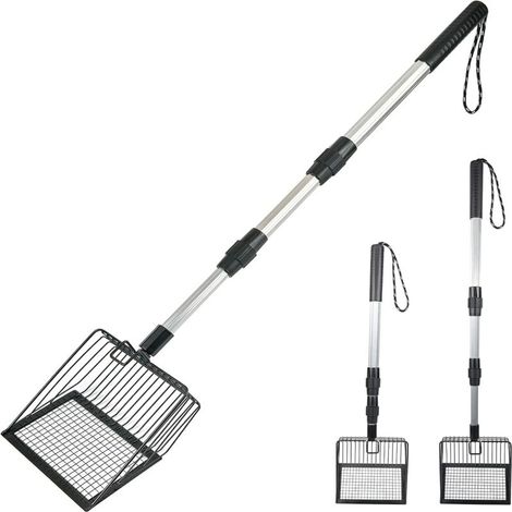Pala para arena de gato con mango largo y extensible, de 56,4 cm a 107,9 cm, fabricada en metal, resistente a la torsión, con cabezal grande, plano y con revestimiento antiadherente, y de construcción (1/5)