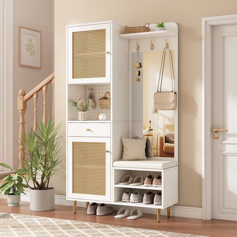 Ensemble vestiaire banc chaussures miroir crochets armoire, 2 portes rotin, tiroir étagère, entrée, coloris blanc (1/5)