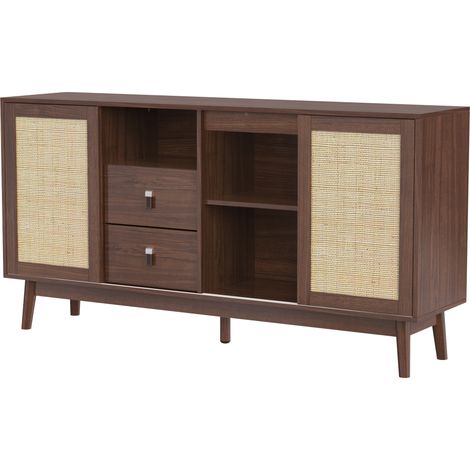 Aparador con 3 puertas correderas de ratán y 2 cajones 155x38x80 cm acabado madera (1/4)