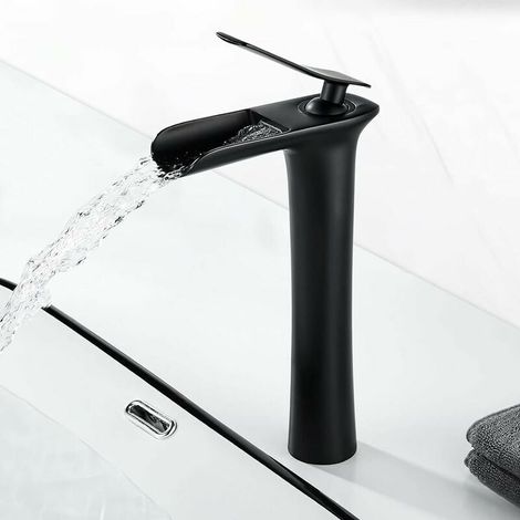 Robinet salle de bain cascade noir mat, mitigeur lavabo haut avec bec de 235mm. Laiton, eau froide et chaude, connexion G 3/8", design contemporain. (1/5)