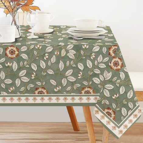 Nappe rectangulaire rétro à motif floral vert grisâtre, 152,4 x 228,6 cm, nappe de table vintage avec feuilles et branches de fleurs, nappe imprimée imperméable pour la maison, fête (1/5)