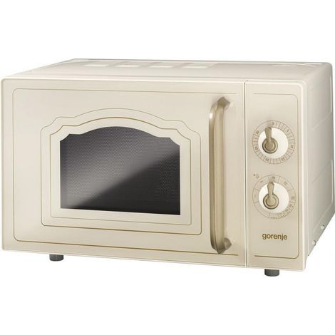 Micro-ondes grill 20L 700W crème et or – Commandes mécaniques – Intérieur en acier émaillé – Fonction décongélation – Dimensions 28,5 x 45 x 36,5 cm – Gorenje