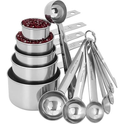 Cucharas Medidoras - Juego de 13 Piezas con 6 Cucharas y 5 Vasos Medidores - Acero Inoxidable - Para Cocina Repostería y Bebidas (1/5)