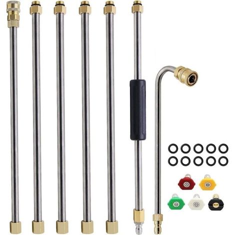 Lot de 7 Ensemble de baguette d\'extension pour nettoyeur haute pression, lance pour nettoyeur haute pression, outil de nettoyage de gouttière, avec 5 embouts de buse (Argent)