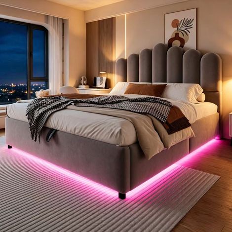Cama canapé 140x200 cm de terciopelo gris con LED y almacenaje, sin colchón – MEUBLIV (1/5)
