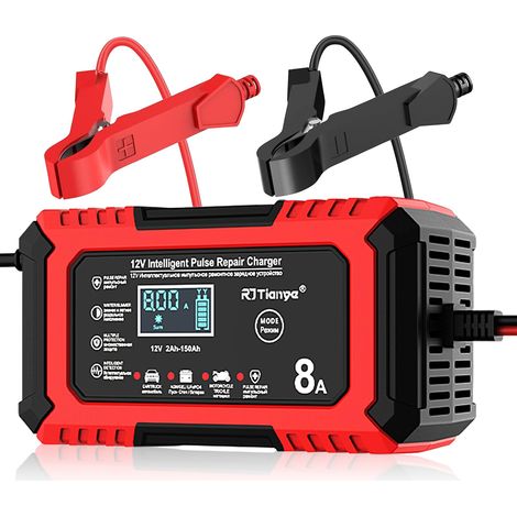 8A Smart-Batterieladegerät, 12V 8A LiFePO4-Batterieladegerät, tragbares Batterieladegerät, Erhaltungsladegerät und Desulfator für Auto, Motorrad, LKW, AGM, Gel, Nass, SLA