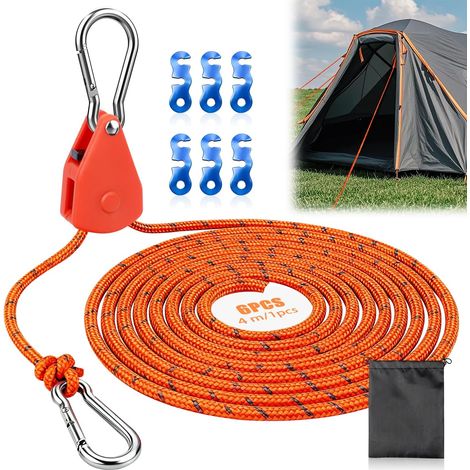 Corde à Cliquet Réglable 4M 6PCS Cordes à Cliquet avec Crochet Corde de Tente Réfléchissante de Camping pour Plantes et Les Pots de Jardinage Camping Tente Randonnée (Orange-6PCS) (1/5)