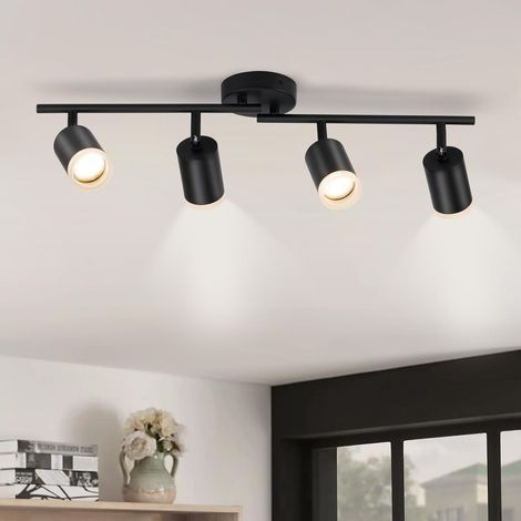 Adjustable 4-Spot Ceiling Light, Matte Black Metal, Acrylic Halo, GU10, Living Room, Kitchen, Bedroom (1/5)