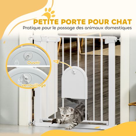 Barrière de sécurité animaux avec porte fermeture automatique système de double verrouillage, acier blanc (1/5)