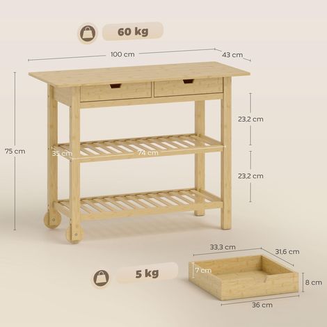 Desserte de cuisine à roulettes en bambou, chariot de cuisine avec 2 tiroirs, 2 étagères, 100 x 43 x 75 cm, bois naturel (1/5)