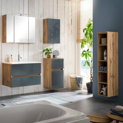 Badezimmer 5-tlg. Set HEERLEN-03 in Wotaneiche Nb. mit Glasfronten grau, B/H/T: ca. 140/200/47 cm (1/5)