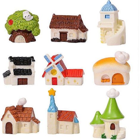 Lot de 10 mini-figurines de maisons - Accessoires pour jardin féérique miniature - Petites décorations pour pots de fleurs et terrariums (1/5)