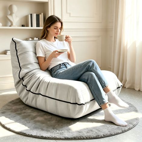 Canapé-Pouf de sol forme – Siège modulable garni de mousse haute résilience – Espace détente – Repos familial pour salon, chambre et coin lecture – Dimensions 96x70x65 cm – Blanc (1/5)